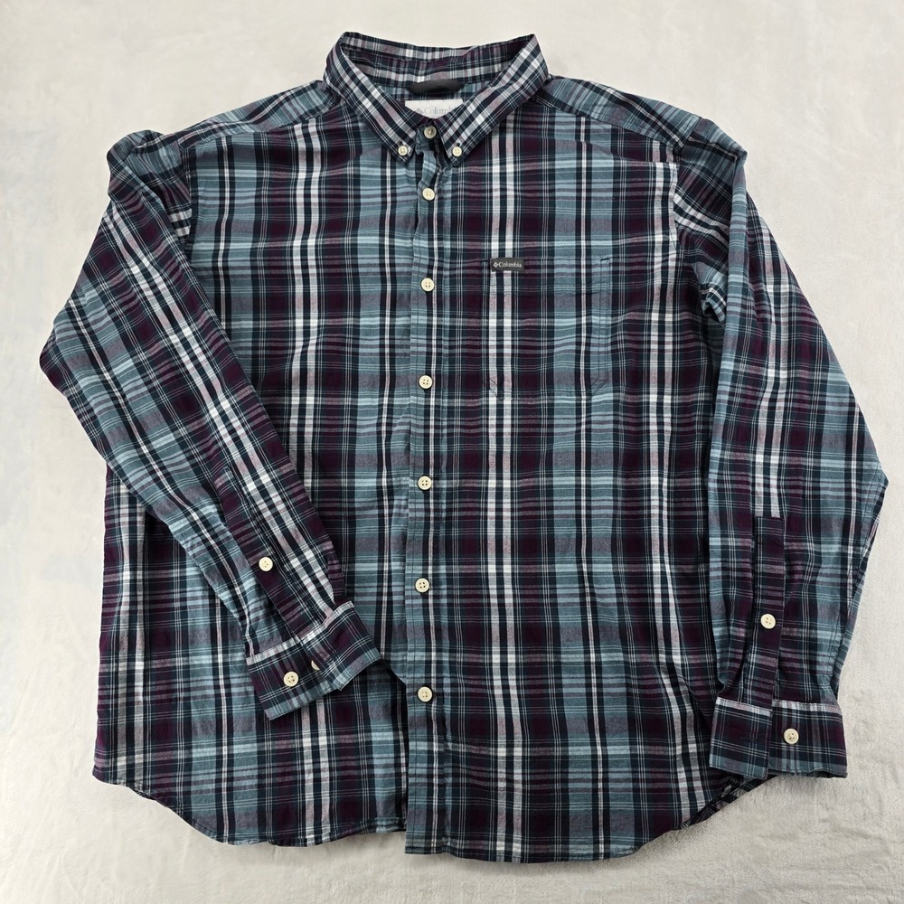 Columbia Button Down Mens XXL Shirt Purple Teal Plaid Long Sleeve AM7968‎
